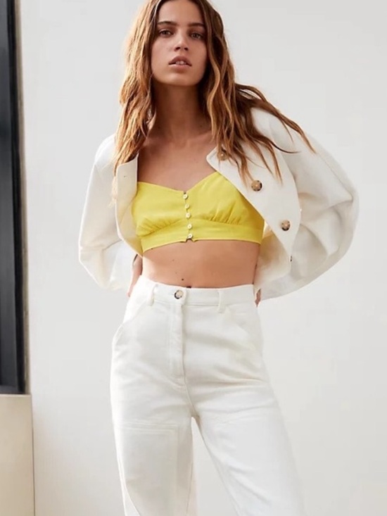 Wilfred Le Fou 100% Silk Crop Top Bra Bralette Button Down Highlighter Yellow - Picture 3 of 9